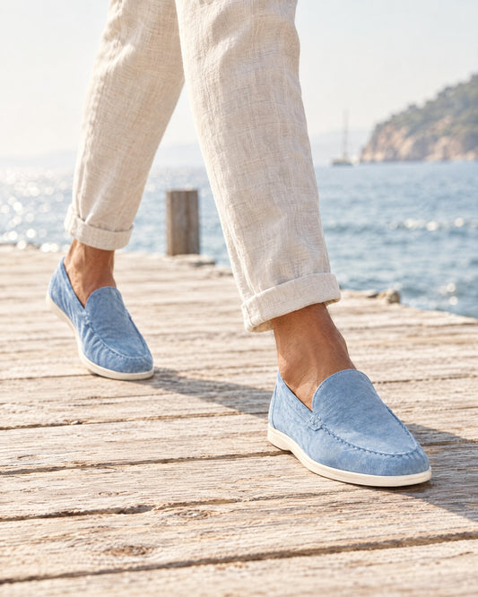 Anzio Loafer Sky worn, editorial scene