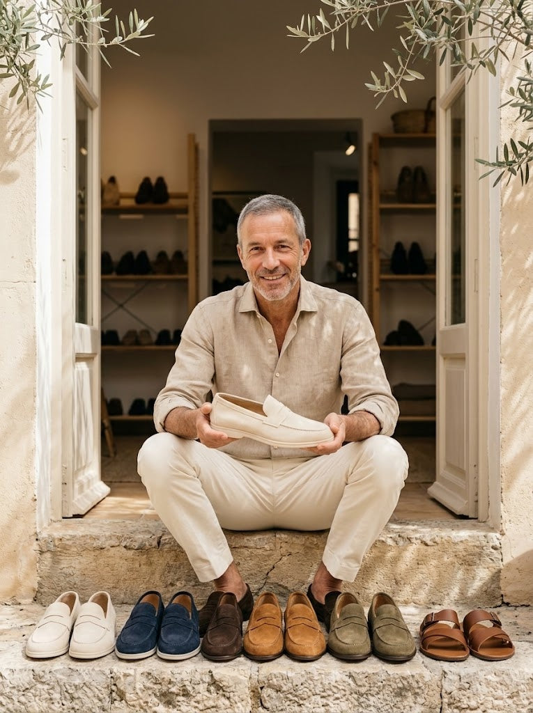 Marcello na entrada do atelie com os loafers alinhados no degrau