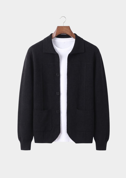 Pure Extra-Fine Merino Wool Black Button Overshirt, view 1