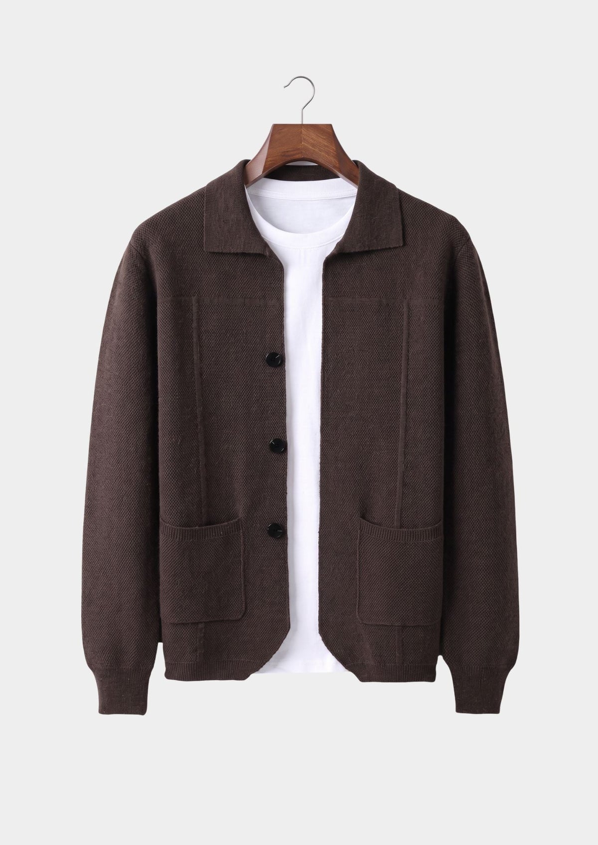 Pure Extra-Fine Merino Wool Dark Brown Button Overshirt, view 1