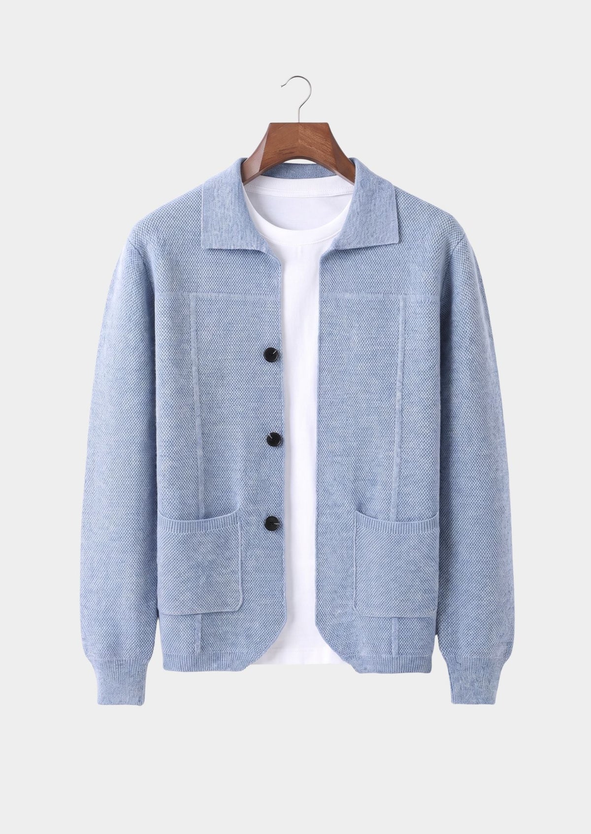 Pure Extra-Fine Merino Wool Light Blue Button Overshirt, view 1