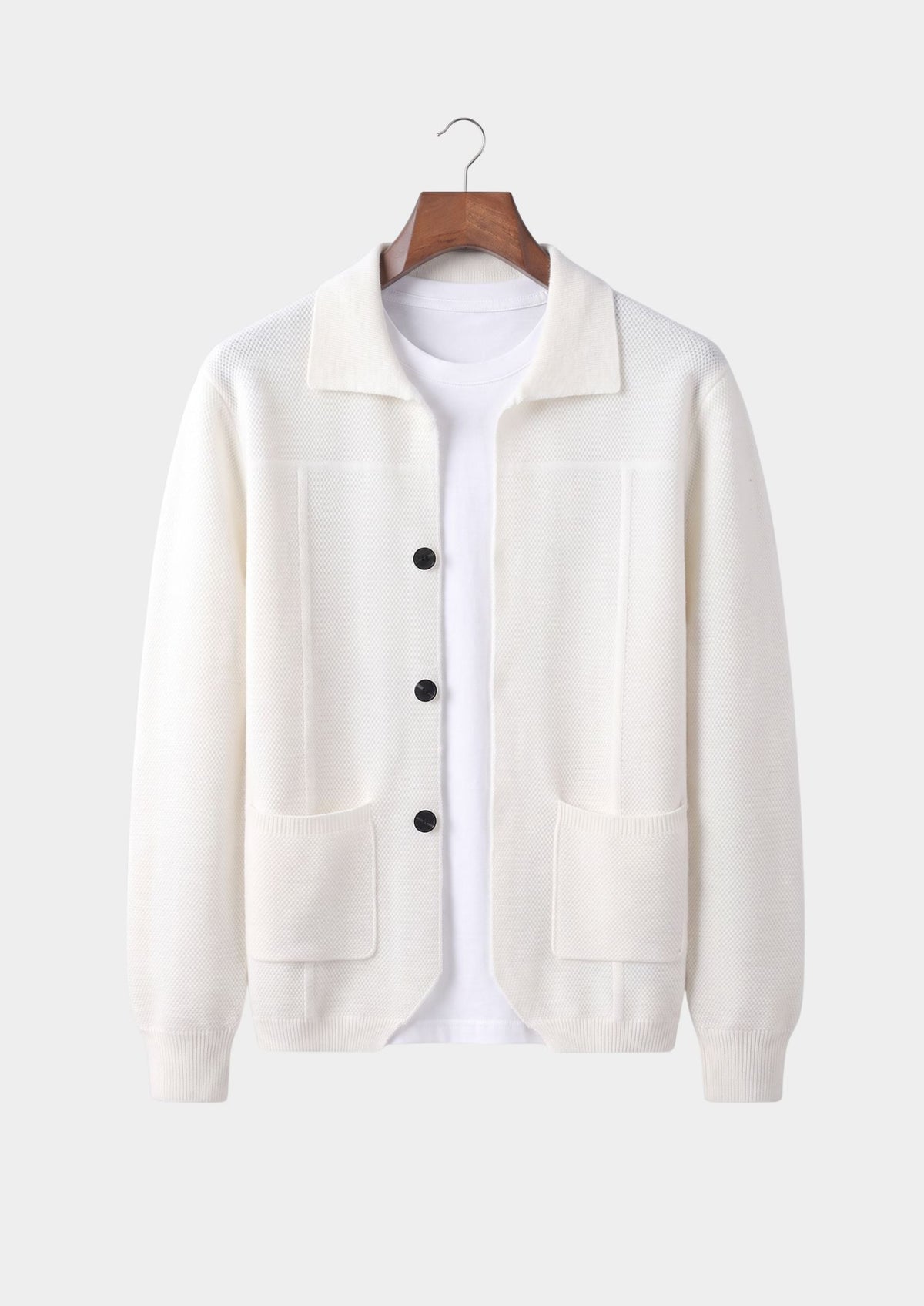Pure Extra-Fine Merino Wool Ivory Button Overshirt, view 1