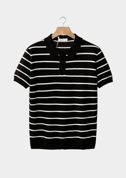 Black Striped Textured Button Polo, view 1