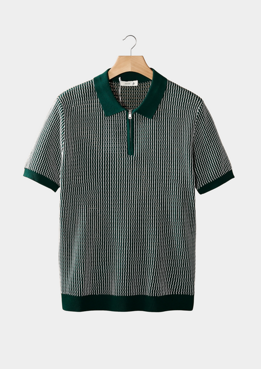 Green Geometric Textured Zipper Polo, view 1