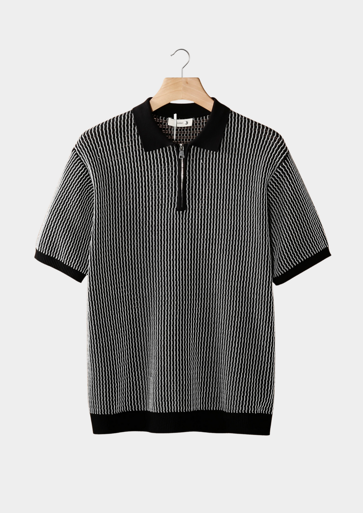 Black Geometric Textured Zipper Polo, view 1