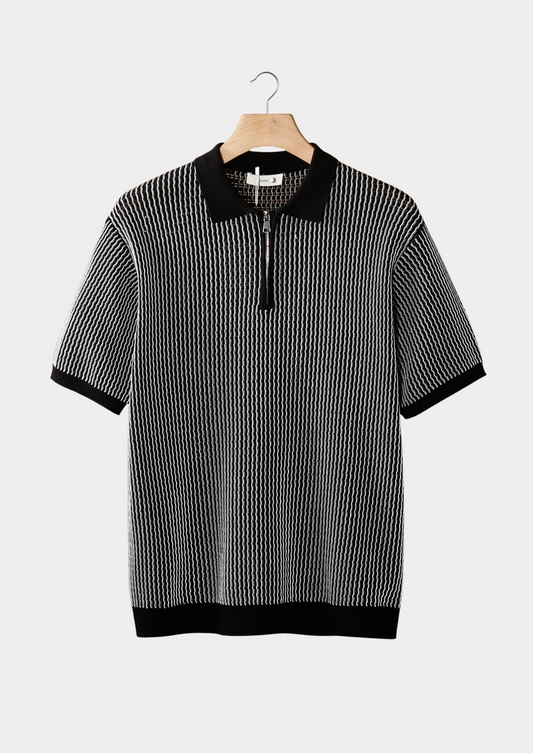 Black Geometric Textured Zipper Polo, view 1