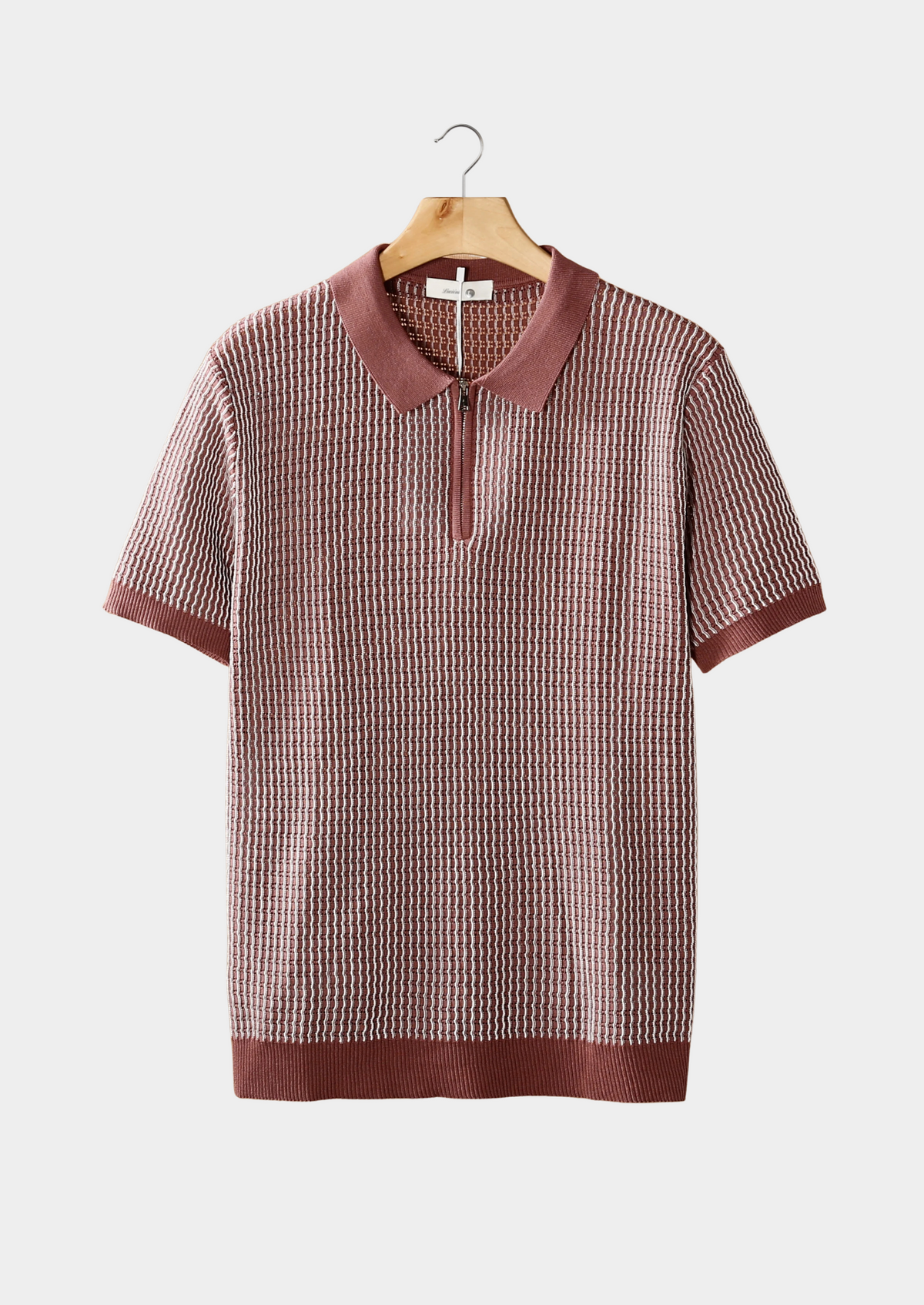 Dusty Rose Geometric Textured Zipper Polo, view 1