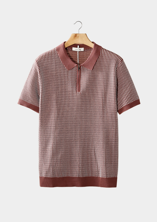 Dusty Rose Geometric Textured Zipper Polo, view 1