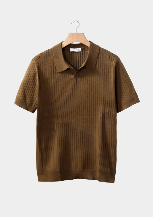 Caramel Ribbed Buttonless Polo, view 1