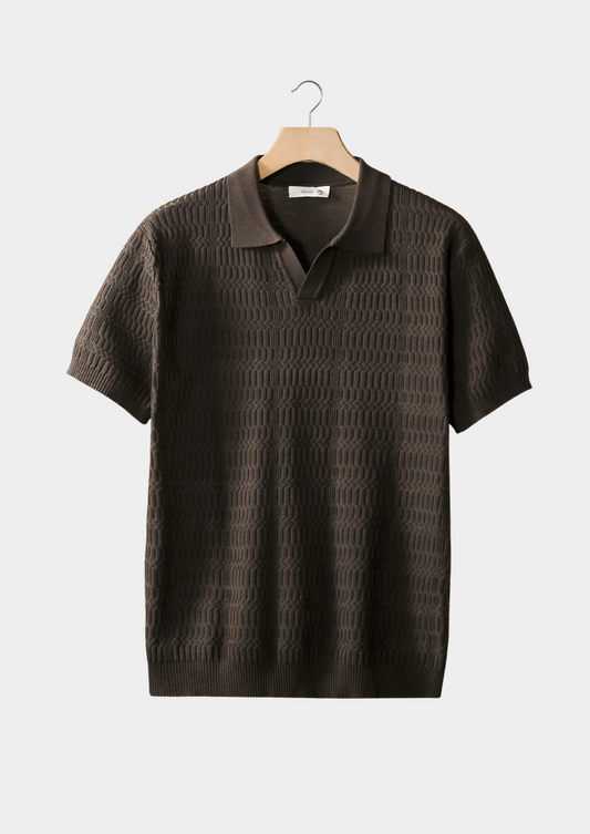 Coffee Patterned Knit Buttonless Polo, view 1