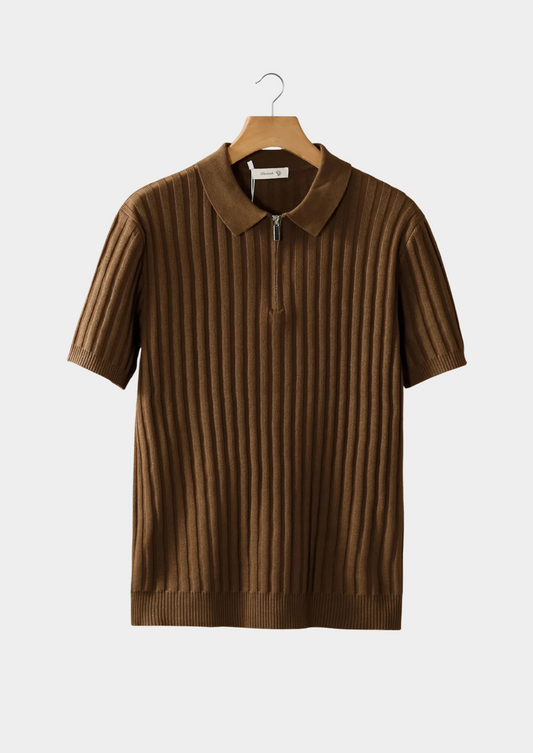 Caramel Ribbed Zipper Polo, view 1