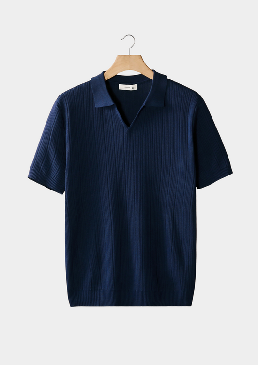 Navy Open Collar Ribbed Polo, view 1