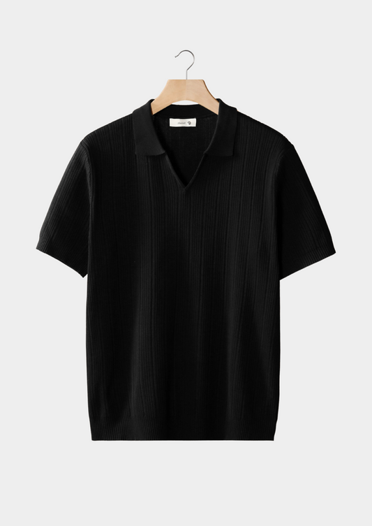 Black Open Collar Ribbed Polo, view 1