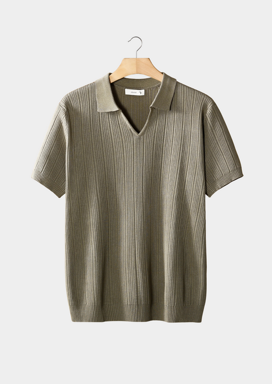 Taupe Open Collar Ribbed Polo, view 1