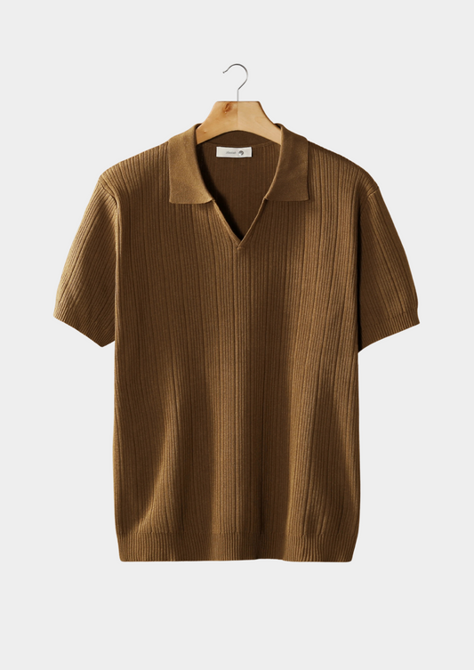 Caramel Open Collar Ribbed Polo, view 1