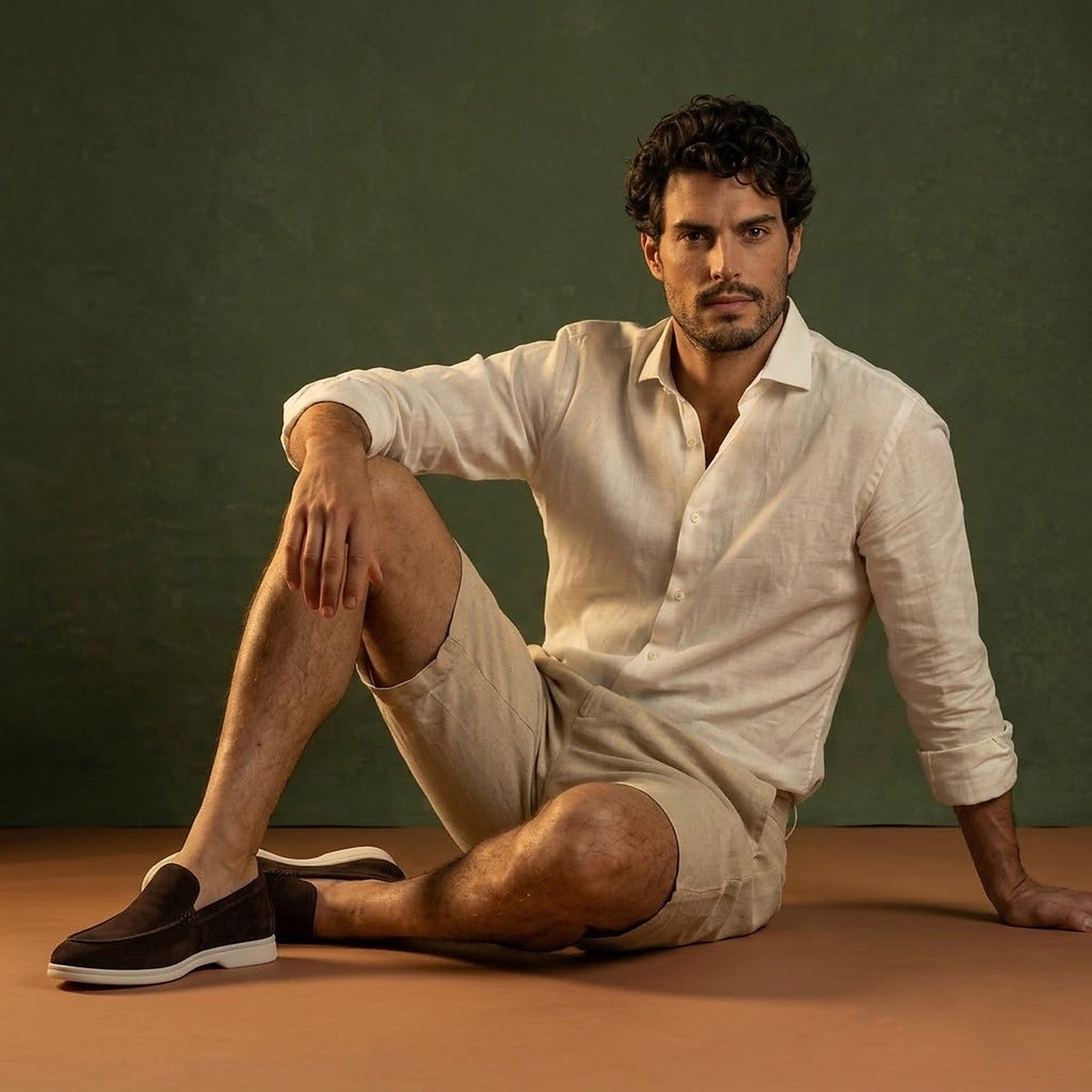 Anzio Loafer Coffee, worn with linen, seated