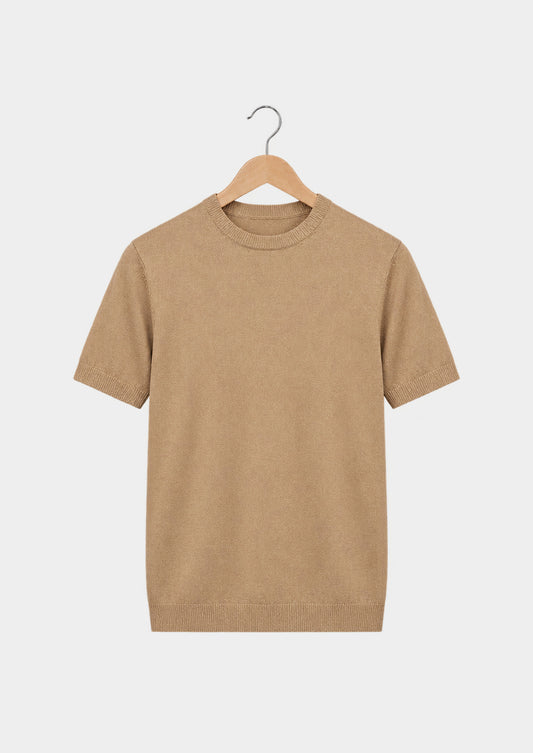 Camiseta esencial de punto con cuello redondo beige, vista frontal