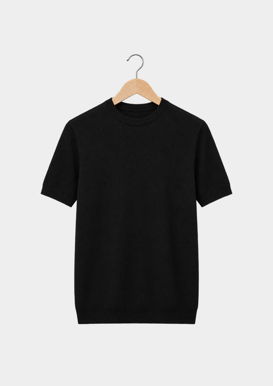 Camiseta esencial de punto con cuello redondo negra, vista frontal