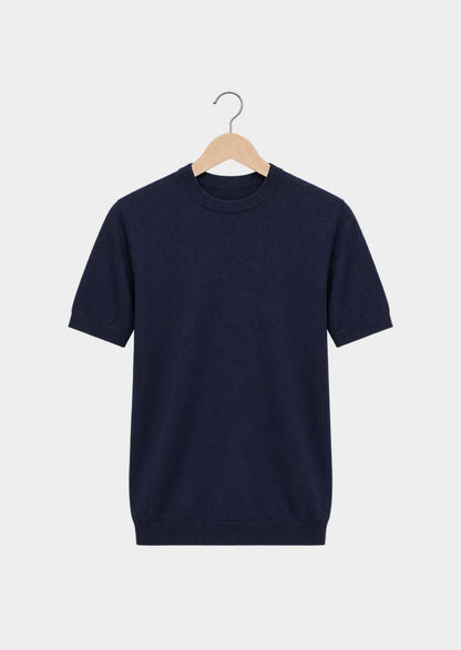T-shirt essentiel col rond en maille bleu marine, vue de face