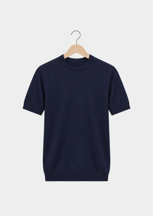 Camiseta esencial de punto con cuello redondo azul marino, vista frontal