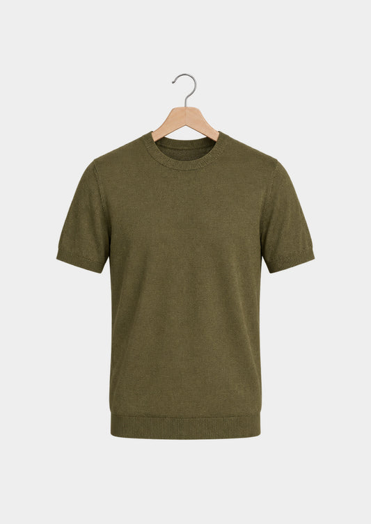 Camiseta esencial de punto con cuello redondo oliva, vista frontal