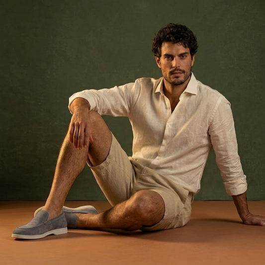 Anzio Loafer Fog Grey, worn with linen, seated