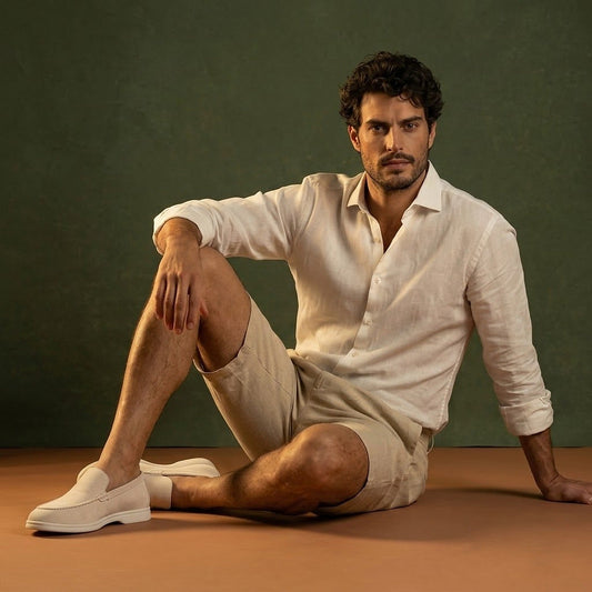 Anzio Loafer Ivory, worn with linen, seated