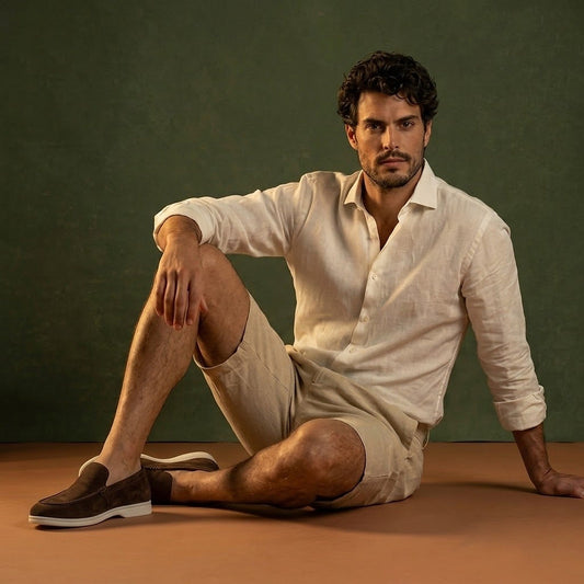 Anzio Loafer Light Brown, worn with linen, seated