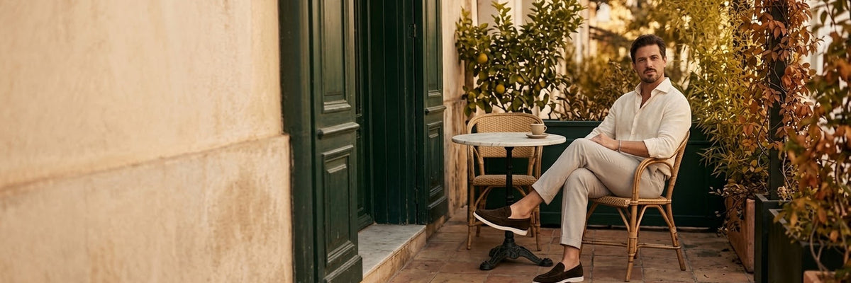 Man in a linen shirt and suede loafers on a café terrace