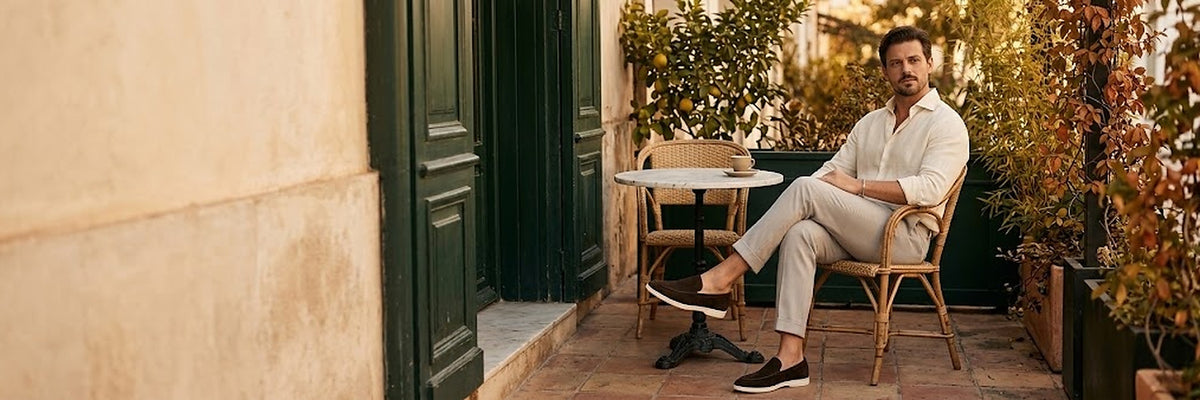Man in a linen shirt and suede loafers on a café terrace