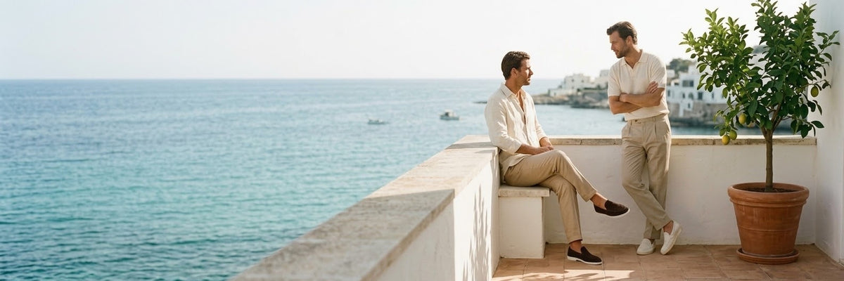 Man in a linen shirt on a whitewashed terrace above the sea