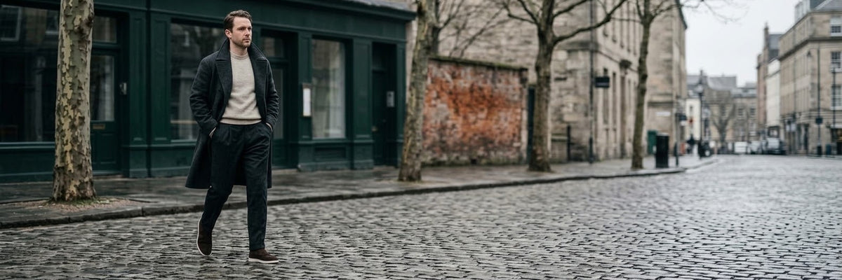 Man in a wool overcoat on a wet cobbled street
