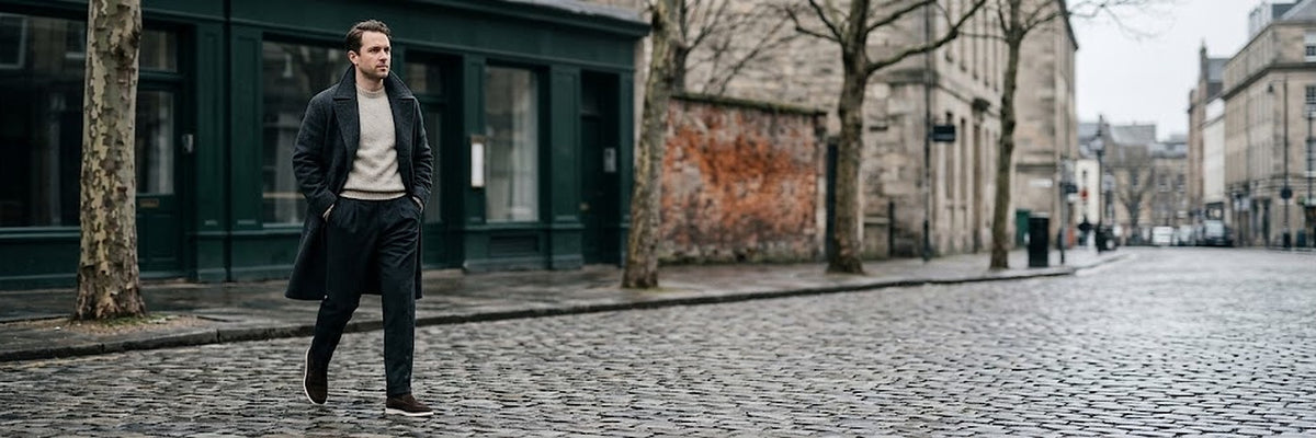 Man in a wool overcoat on a wet cobbled street