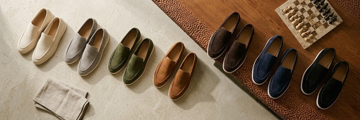 Suede loafers in seven colours on a wooden table