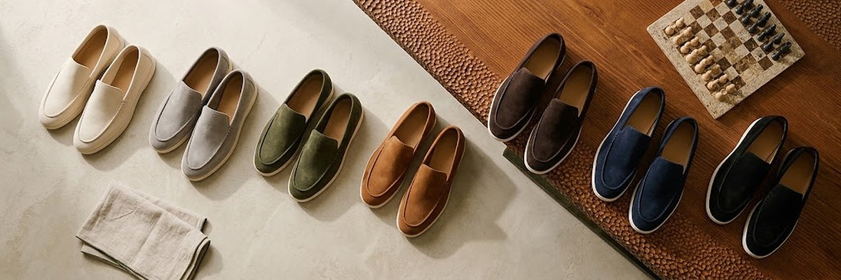 Suede loafers in seven colours on a wooden table