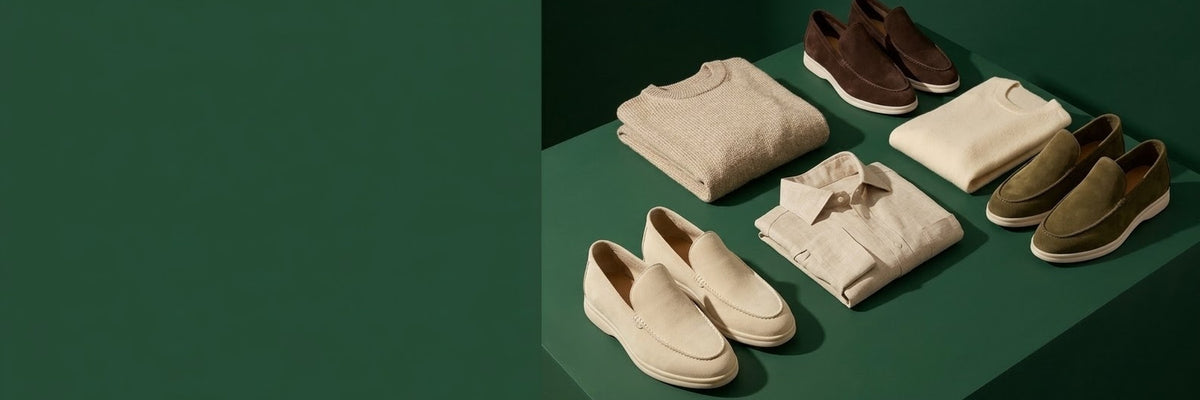 Knitwear and loafers on a bottle green background