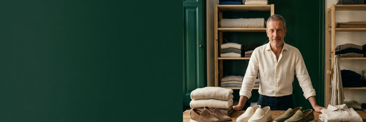 Marcello behind his worktable with folded knitwear