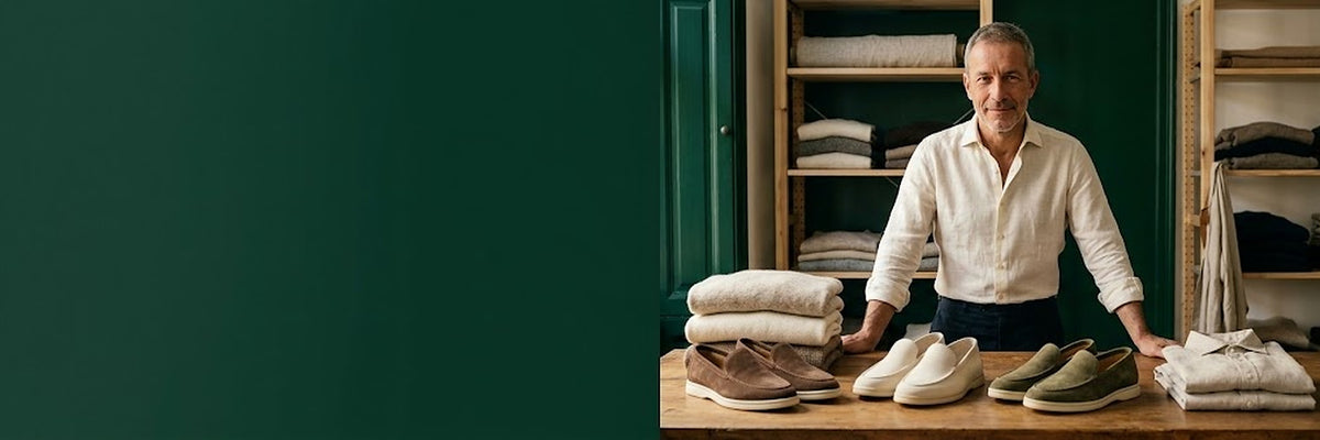 Marcello behind his worktable with folded knitwear