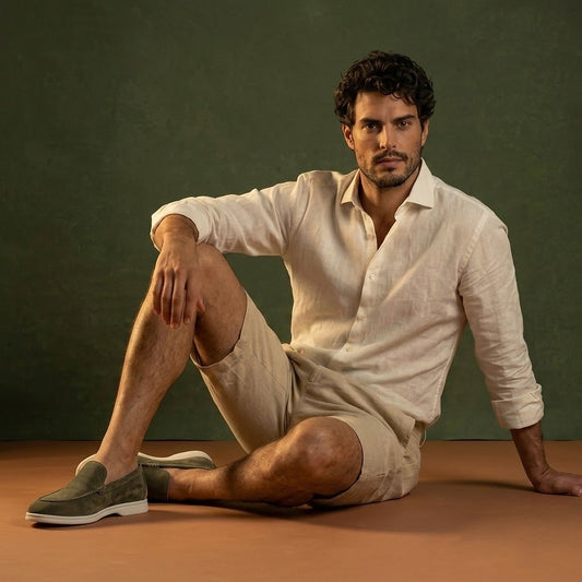 Anzio Loafer Olive, worn with linen, seated