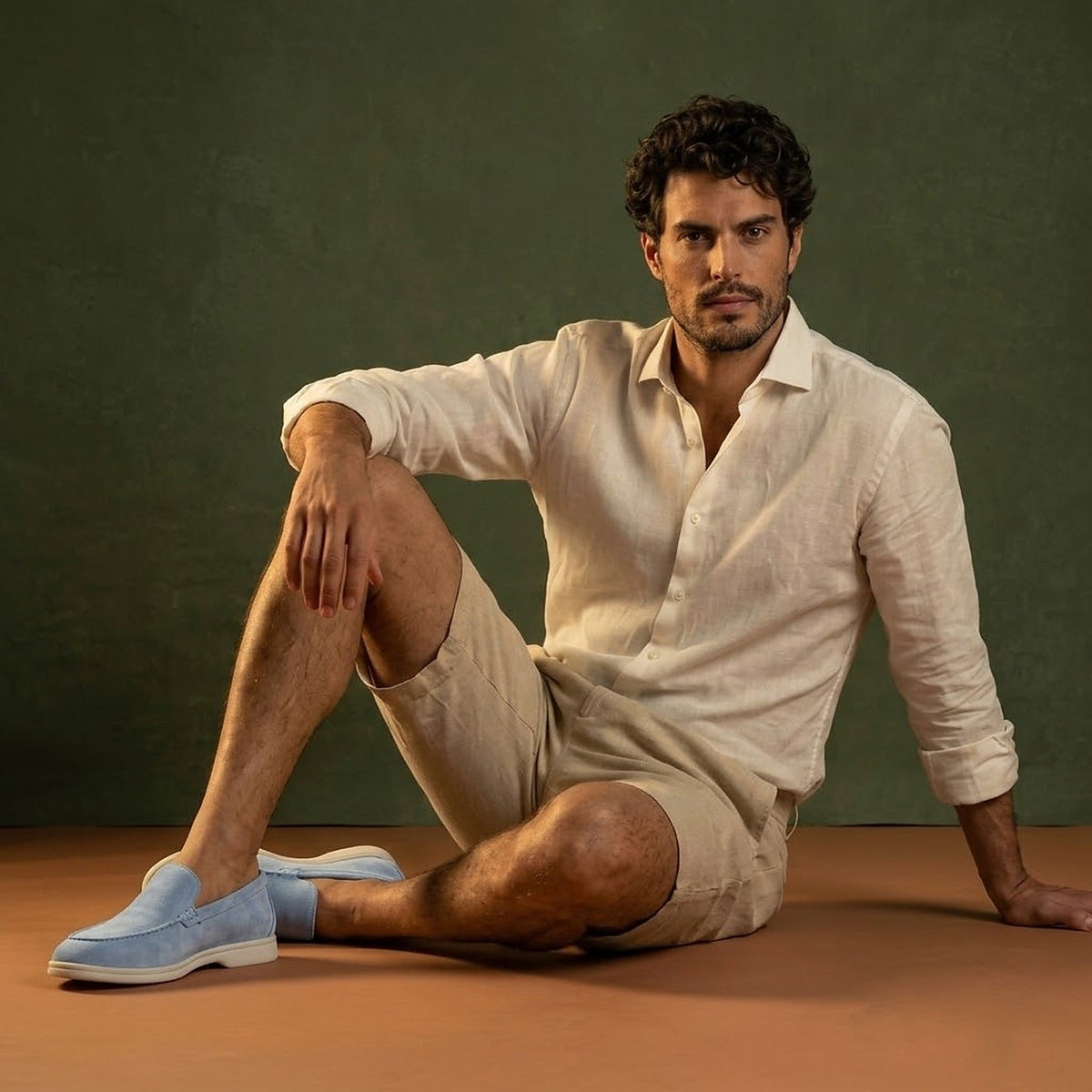 Anzio Loafer Sky, worn with linen, seated