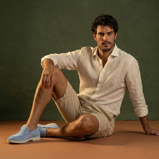 Anzio Loafer Sky, worn with linen, seated