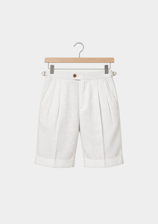 White Pleated Linen Positano Shorts, front view